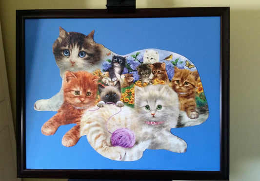 Professionally Framed finished 1000pc SunsOut's Litter of Kittens Shaped Puzzle Wall Art.