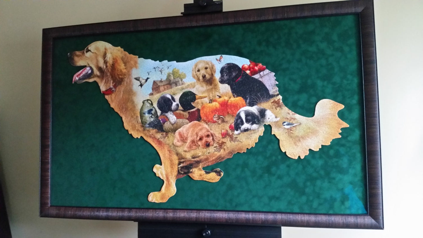 Professionally Framed Finished 900pc Sunsout's Training Days dog shaped puzzle wall art. Home & Office Decor