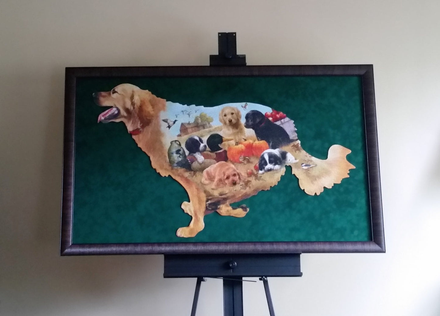 Professionally Framed Finished 900pc Sunsout's Training Days dog shaped puzzle wall art. Home & Office Decor