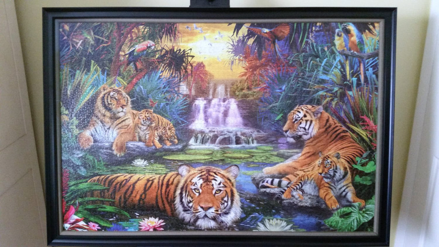 Professionally Framed Completed 3000 piece Ravensburger Tigers at the Waterhole Puzzle Wall Art & Decor