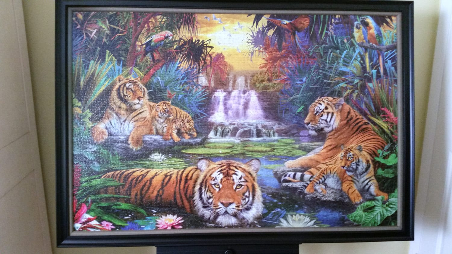 Professionally Framed Completed 3000 piece Ravensburger Tigers at the Waterhole Puzzle Wall Art & Decor