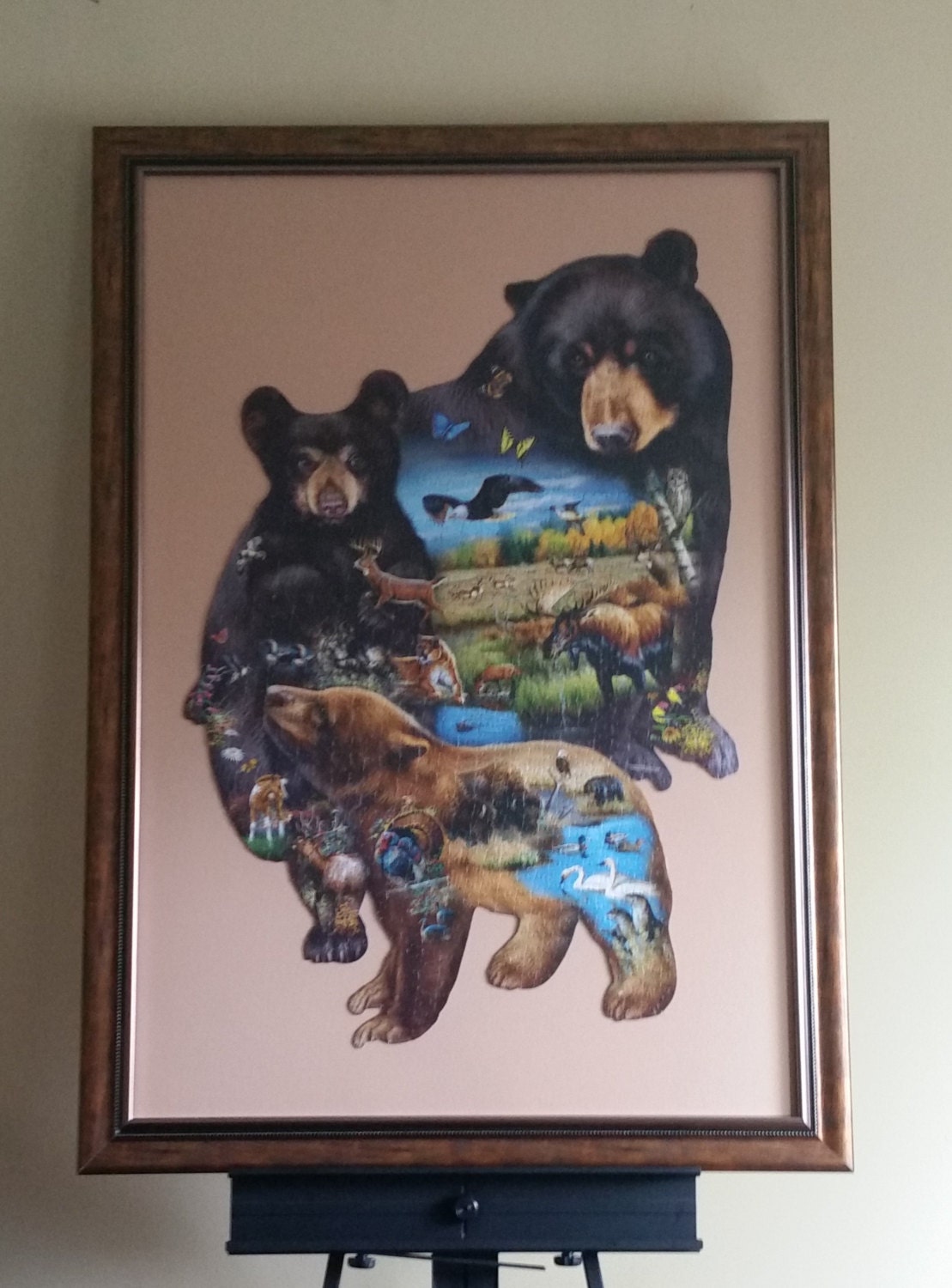 Professionally Framed 1000pc completed Sunsout Bear Family Adventure shaped puzzle wall art. Eco Friendly item with gloss finish.