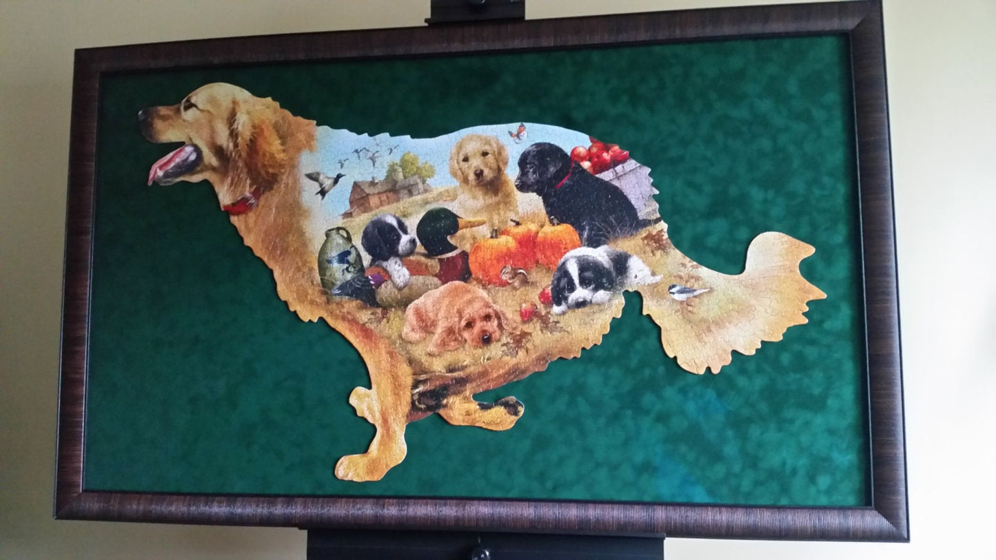 Professionally Framed Finished 900pc Sunsout's Training Days dog shaped puzzle wall art. Home & Office Decor